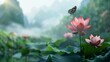 Beautiful oriental landscape with blooming lotus flowers