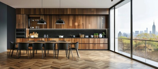 Canvas Print - Contemporary kitchen featuring sleek black cabinetry and hardwood flooring, a stylish and functional space for cooking and dining