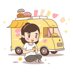 Poster - Illustration of a Girl Sitting Next to a Fast Food Truck.