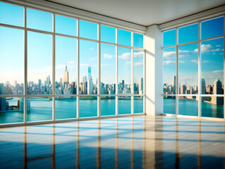 Wall Mural - Empty room with large windows and a panoramic view of a city skyline over water. Metropolitan living concept Generative AI