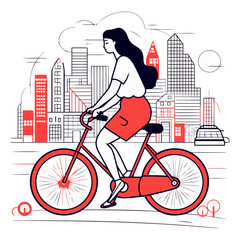 Wall Mural - Vector illustration of a pregnant woman riding a bicycle in the city.