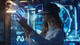 Fototapeta  - Woman in white engages with futuristic virtual interface using VR headset in a hi-tech setting.