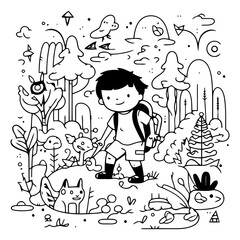 Wall Mural - Cute little boy hiking in the forest. Vector line art illustration.