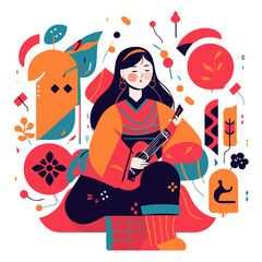 Wall Mural - Vector illustration of a girl in a kimono playing the guitar.