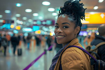 Wall Mural - A photograph of a black woman in her 30s, smiling, stylish travel outfit, standing in the foreground next to a queue separator with purple tape, at an airport. Busy background with travelers,