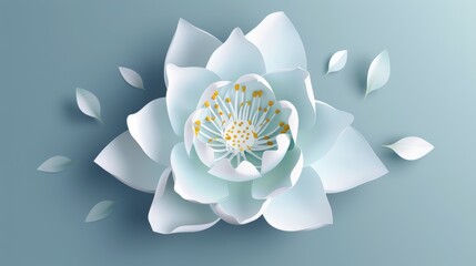 Poster - This is a paper flower. White lotus cut from paper. Wedding decorations. Decorative bridal bouquet, isolated floral design elements. This is a greeting card template. Modern illustration. Background.