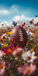 Mobile vertical wallpaper photograph of an american football at a field full of blooming colorful flowers. Story post.