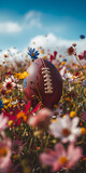 Fototapeta Sport - Mobile vertical wallpaper photograph of an american football at a field full of blooming colorful flowers. Story post.