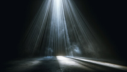 Poster - Shafts of light piercing the darkness in an abandoned room. Abandonment and discovery concept. Generative AI