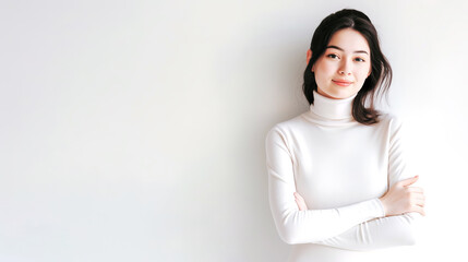 Poster - Relaxed young woman in a white turtleneck with a soft gaze on a light background. Casual elegance. Generative AI