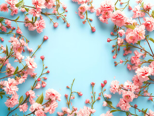 Poster - Lush pink cherry blossoms framing a clear blue background. Springtime floral design. Generative AI