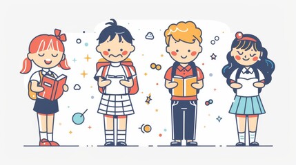 Poster - School uniformed student with friends in the classroom flat design style minimal modern illustration.