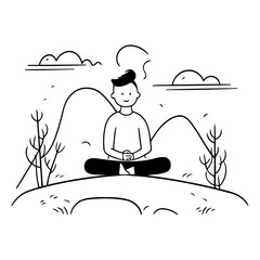 Sticker - Man sitting on the grass and meditating in doodle style