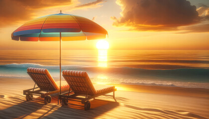 Poster - Sunset beach scene with colorful umbrella and sun loungers, romantic atmosphere. Leisure and beauty concept Generative AI