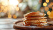 Horizontal image of pancakes with honey on a wooden tray, Generative AI