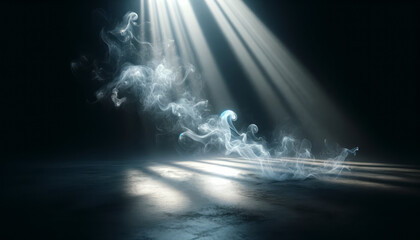 Poster - Ethereal blue smoke trails on dark background with spotlight. Visual art and design concept. Generative AI