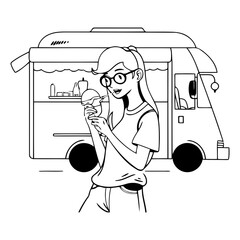 Wall Mural - Woman eating ice cream. Food truck in cartoon style