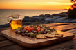 Mediterranean Snacks on Wooden Board Overlooking Sunset by the Sea