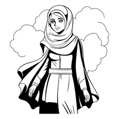 Wall Mural - Arabic woman with hijab cartoon in black and white vector illustration graphic design