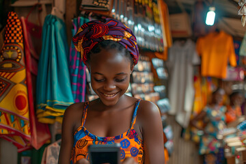 Poster - happy and relieved young African girl looking at her phone in a merchant's shop