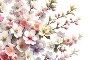 Poster - Delicate cherry blossoms in full bloom, realistic style on a light background. Spring beauty concept. Generative AI