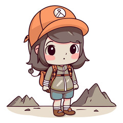 Cute cartoon explorer girl in the mountains isolated on white background.