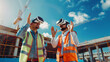 Two construction workers with virtual reality headsets gesticulating on a building site under a blue sky.