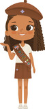 Fototapeta Dinusie - Smiling African American girl scout wearing sash with badges isolated on white background. Female scouter, Brownie ligue Scout Girls troop