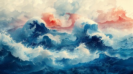 Wall Mural - An art chinese landscape banner, featuring a hand-drawn wave in vintage style. An element in which water appears with a blue watercolor texture.