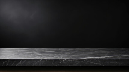 Empty table marble granite black countertop on black wall marble texture background. High quality photo