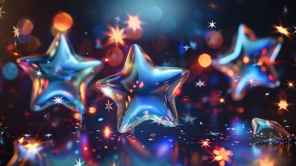 Poster - An illustration of 3d holographic stars arranged in a futuristic style set in y2k on a dark background. Decorative y2k cyber chrome galaxy emoji with stars falling and flying, blings, a moon, and
