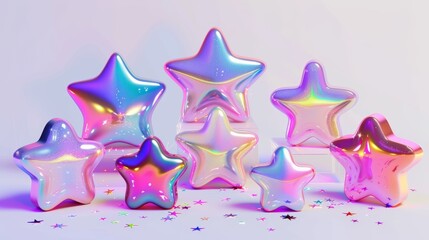 Poster - In this 3d modern illustration you will find holographic stars set in a futuristic style, with falling and flying stars, blings, and sparks. It resembles an emoji made of cyber chrome with falling