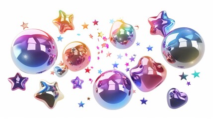 Poster - Y2K style chrome planets with stars and hearts on white background. A 3D rendering of a 3D cyber chrome galaxy emoji with falling stars, planets, bling, and sparks.
