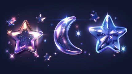 Poster - Chrome stars isolated on dark background with falling and flying stars, sparks, and blings in y2k futuristic style.