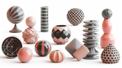 Poster - For trendy designs, a set of realistic primitives in rose, gray and black colors. Isolated graphic elements. Spheres, torus, tubes, cones, and other geometric shapes are included in the set.