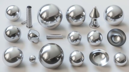 Poster - Three-dimensional realistic primitives on white background. Isolated graphic elements. Spheres, torsion tubes, cones, and other geometric shapes in silver metallic colors.