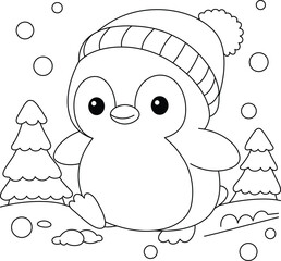 Wall Mural - Cute Kawaii Penguin Cartoon Character Coloring Page Vector Illustration