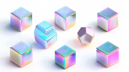 Poster - holographic cubes isolated on white background with iridescent chrome effect. render holographic met