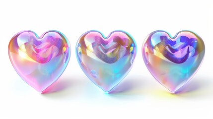 Poster - A 3D holographic set of 3d iridescent chrome hearts isolated on a white background. This illustration includes a fire flame, melting, love text, and a rainbow gradient effect.