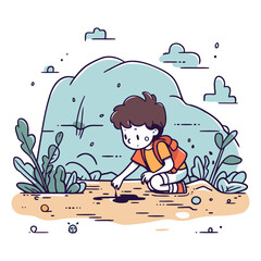 Wall Mural - Vector illustration of cute cartoon boy sitting on the ground and waiting for help.