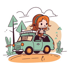 Wall Mural - Cute little girl traveling by car in cartoon style.