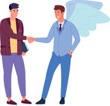 Fototapeta Dinusie - Young man shaking hands with angel. Good business investment deal
