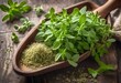  Origanum vulgare (oregano) herb, commonly known as oregano, neatly arranged on a rustic table, ready to infuse dishes with their aromatic flavor
