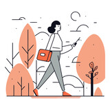 Fototapeta Pokój dzieciecy - Vector illustration of a young woman walking in the park with a bag.