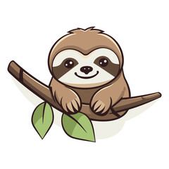 Wall Mural - Cute cartoon sloth sitting on a branch.