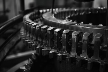 A close-up of a machine gear in an industrial factory, its teeth interlocking perfectly, symbolizing precision and coordination