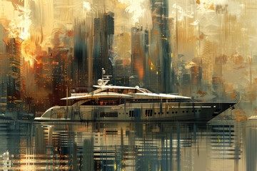 Wall Mural - A luxury yacht cruising on a river through a city, the cityscape in the background creating an abstract and inspiring scene