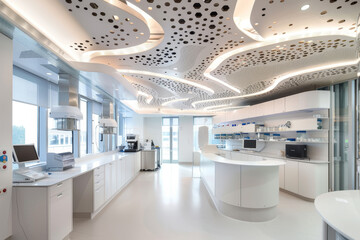 Wall Mural - A medical laboratory with an abstract design, featuring a panoramic view of a modern lab interior