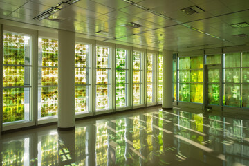 Poster - A medical laboratory with an abstract window design, the glass panels arranged in a unique pattern that floods the lab with natural light