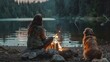 woman and a dog sitting in front of a campfire and a large lake with forest and pine trees